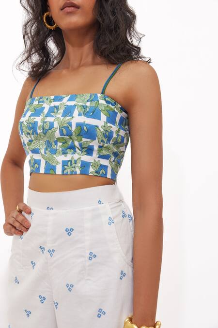 Aapro_Blue Cotton Square Neck Aveline Multi Colour Bustier And Pant Set _Online_at_Aza_Fashions