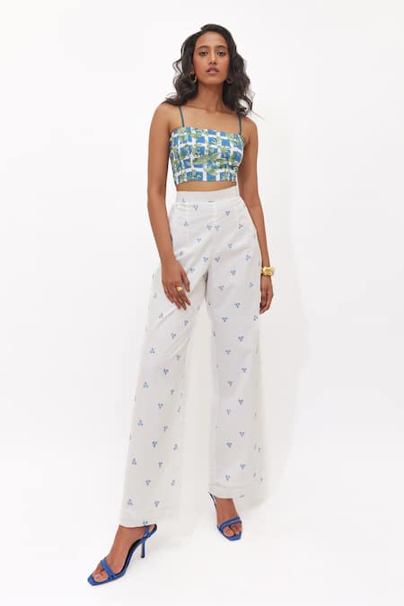Aapro Blue Cotton Square Neck Aveline Multi Colour Bustier And Pant Set 
