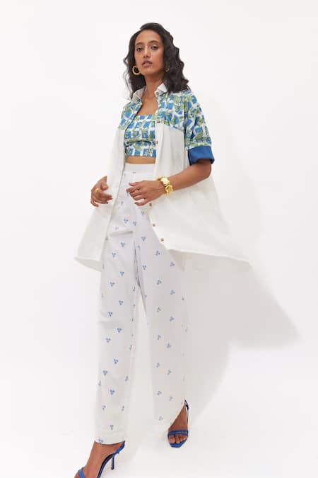 Aapro_Blue Cotton Embroidery Collared, Round Neck Aeris Multi Color Kaftan Co-ord Set _Online_at_Aza_Fashions