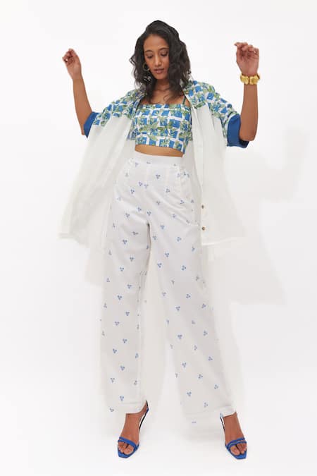Aapro Blue Cotton Embroidery Collared, Round Neck Aeris Multi Color Kaftan Co-ord Set 
