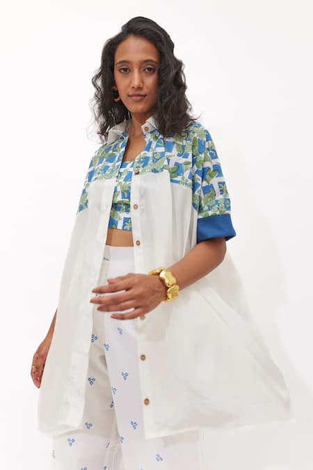 Buy_Aapro_Blue Cotton Embroidery Collared, Round Neck Aeris Multi Color Kaftan Co-ord Set _Online_at_Aza_Fashions