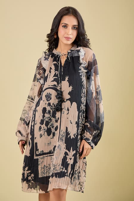 Pankaj & Nidhi_Beige Round Neck Wisp Printed Accordion Pleated Dress _at_Aza_Fashions