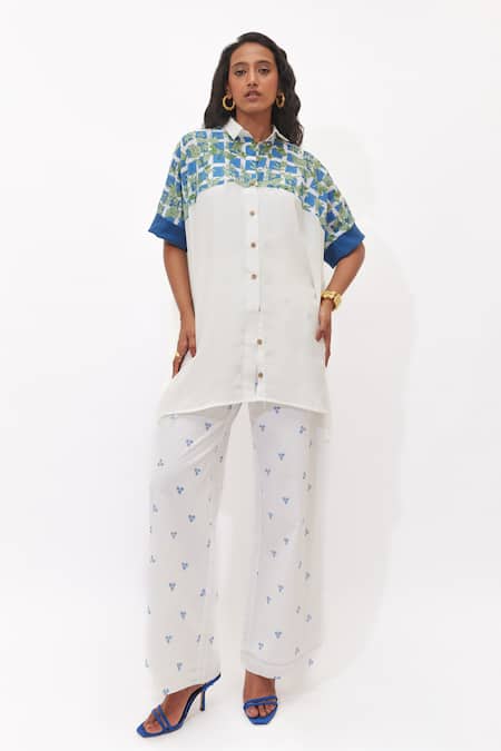 Aapro Blue Cotton Embroidery Collared Liora Multi Colour Kaftan And Pant Set 