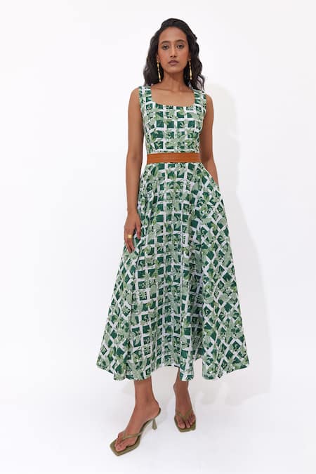 Aapro Green Cotton Square Neck Elowen Hand Block Printed Dress 