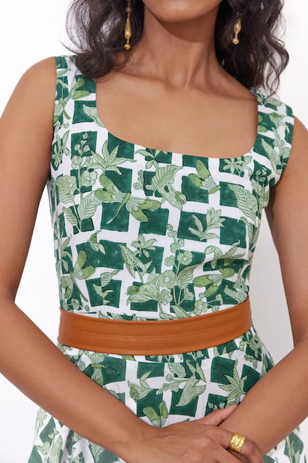 Aapro_Green Cotton Square Neck Elowen Hand Block Printed Dress _Online_at_Aza_Fashions