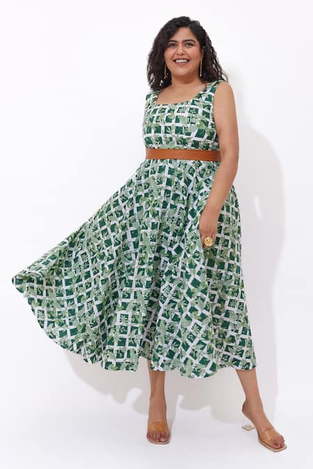 Shop_Aapro_Green Cotton Square Neck Elowen Hand Block Printed Dress _Online_at_Aza_Fashions