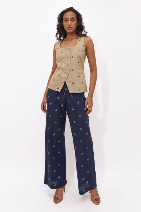 Aapro_Beige Cotton Embroidery Square Soraya Hand Block Printed Waistcoat And Pant Set _Online_at_Aza_Fashions