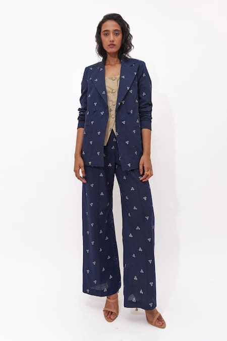 Aapro Navy Cotton Aluna Multi Colour Hand Block Printed Blazer Set 