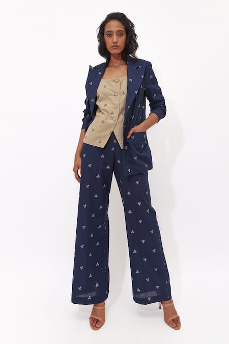 Aapro_Navy Cotton Aluna Multi Colour Hand Block Printed Blazer Set _Online_at_Aza_Fashions