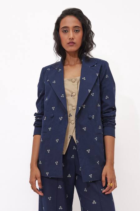 Buy_Aapro_Navy Cotton Aluna Multi Colour Hand Block Printed Blazer Set _Online_at_Aza_Fashions