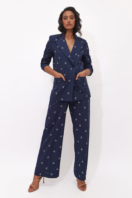 Aapro Navy Cotton Rea Multi Colour Hand Block Printed Blazer Set 