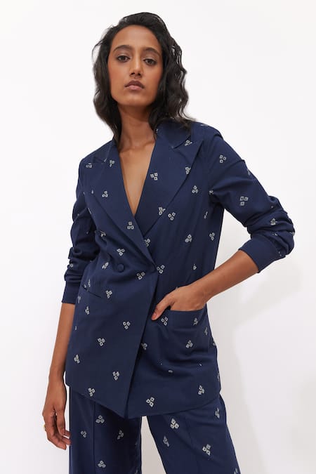 Buy_Aapro_Navy Cotton Rea Multi Colour Hand Block Printed Blazer Set _Online_at_Aza_Fashions