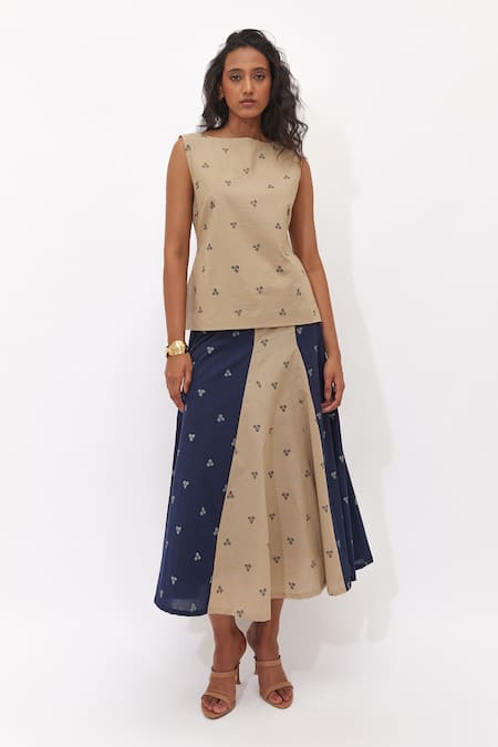 Aapro_Beige Cotton Boat Neck Selene Hand Block Printed Skirt Set _Online_at_Aza_Fashions
