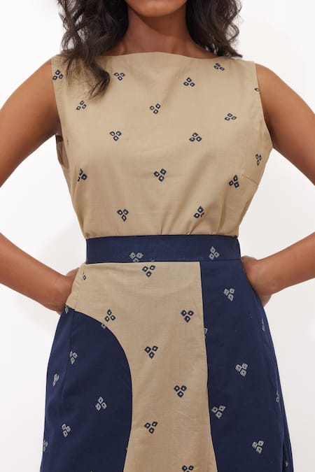 Buy_Aapro_Beige Cotton Boat Neck Selene Hand Block Printed Skirt Set _Online_at_Aza_Fashions