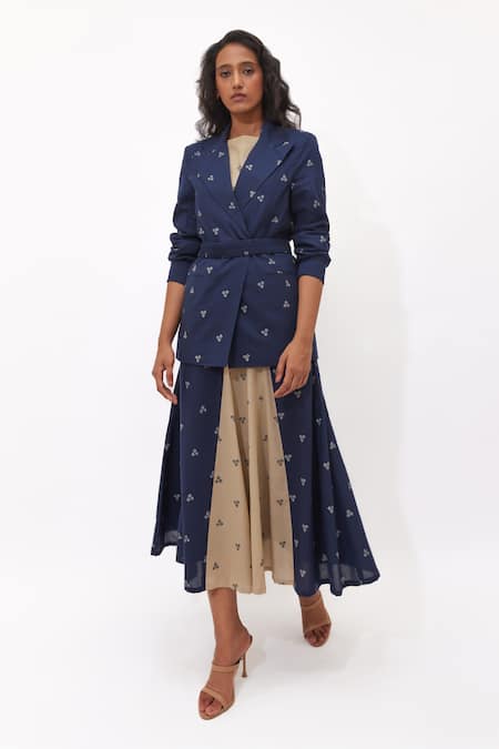 Shop_Aapro_Navy Cotton Embroidery Boat Astrid Multi Colour Hand Block Printed Skirt Set _Online_at_Aza_Fashions