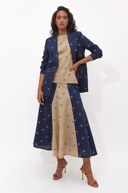 Aapro Navy Cotton Embroidery Boat Astrid Multi Colour Hand Block Printed Skirt Set 