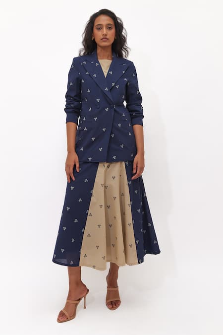 Aapro_Navy Cotton Embroidery Boat Astrid Multi Colour Hand Block Printed Skirt Set _at_Aza_Fashions