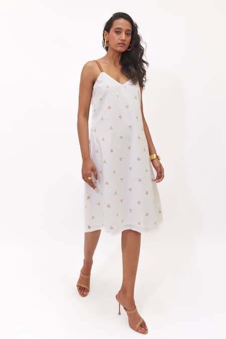 Aapro_Brown Cotton Scoop Neck Siora Multi Colour Trench Coat And Slip Dress Set _Online_at_Aza_Fashions