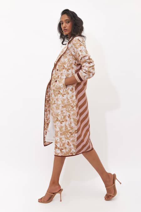 Buy_Aapro_Brown Cotton Scoop Neck Siora Multi Colour Trench Coat And Slip Dress Set _Online_at_Aza_Fashions
