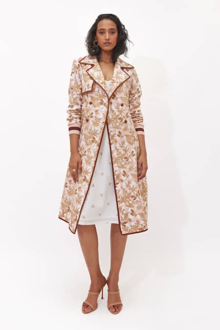 Aapro Brown Cotton Scoop Neck Siora Multi Colour Trench Coat And Slip Dress Set