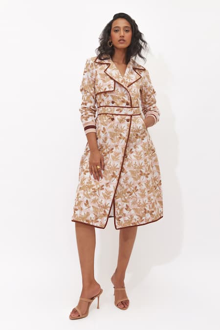 Shop_Aapro_Brown Cotton Scoop Neck Siora Multi Colour Trench Coat And Slip Dress Set _Online_at_Aza_Fashions