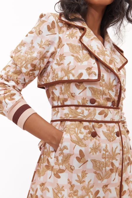 Aapro_Brown Cotton Scoop Neck Siora Multi Colour Trench Coat And Slip Dress Set _at_Aza_Fashions