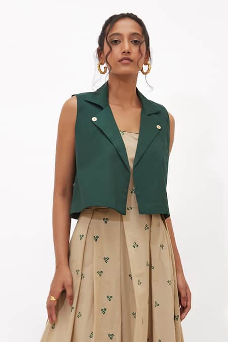 Aapro_Beige Cotton Round Neck, Selva Multi Colour Hand Block Printed Dress And Jacket _Online_at_Aza_Fashions