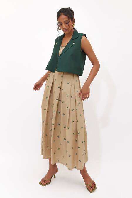 Buy_Aapro_Beige Cotton Round Neck, Selva Multi Colour Hand Block Printed Dress And Jacket _Online_at_Aza_Fashions