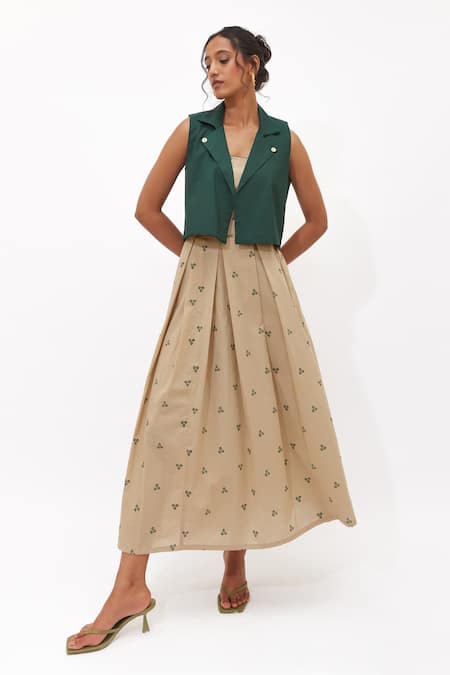 Shop_Aapro_Beige Cotton Round Neck, Selva Multi Colour Hand Block Printed Dress And Jacket _Online_at_Aza_Fashions