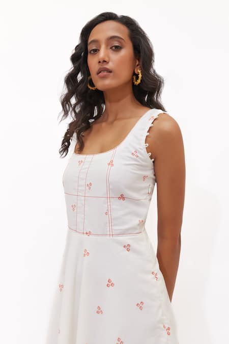 Aapro_White Cotton Square Neck Aralyn Multi Colour Fit And Flare Dress _Online_at_Aza_Fashions