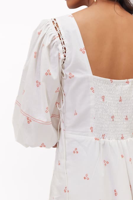 Buy_Aapro_White Cotton Square Neck Aralyn Multi Colour Fit And Flare Dress _Online_at_Aza_Fashions