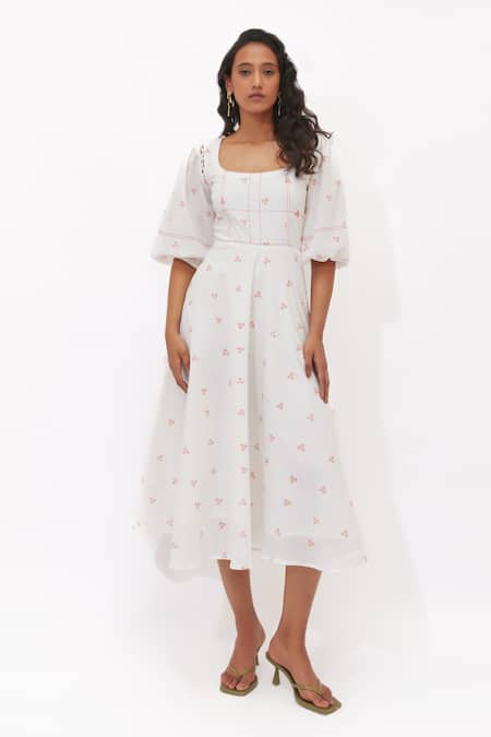 Aapro White Cotton Square Neck Aralyn Multi Colour Fit And Flare Dress 