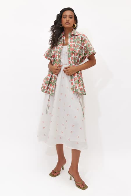 Aapro White Cotton Embroidery Round Neck, Mariposa Multi Colour Dress And Kaftan Set 