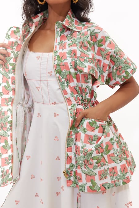 Buy_Aapro_White Cotton Embroidery Round Neck, Mariposa Multi Colour Dress And Kaftan Set _Online_at_Aza_Fashions