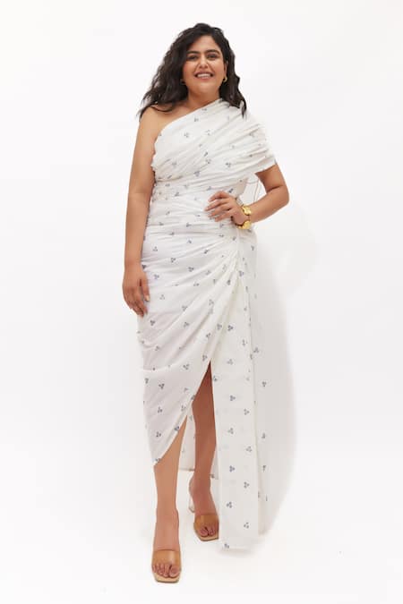 Aapro_White Cotton One Shoulder Freya Draped Dress _Online_at_Aza_Fashions