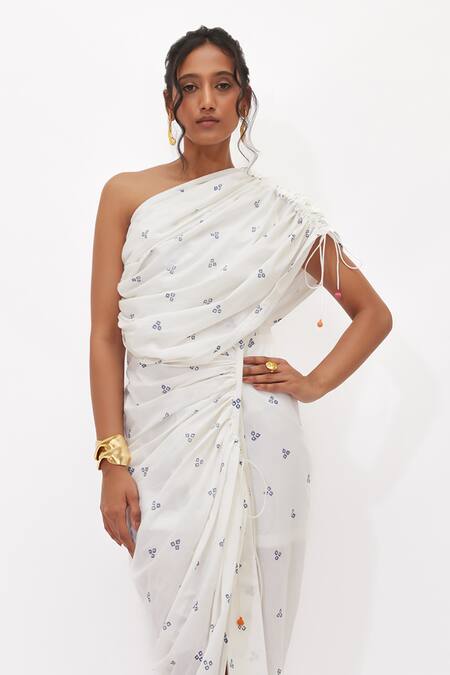 Buy_Aapro_White Cotton One Shoulder Freya Draped Dress _Online_at_Aza_Fashions