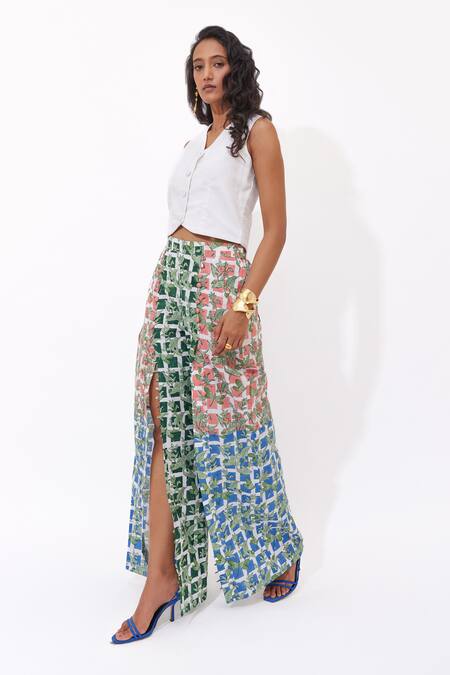 Aapro_White Cotton V-neck Mariselle Multi Colour Block Printed Pant Set _Online_at_Aza_Fashions