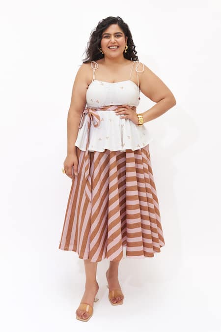 Aapro White Cotton Terra Multi Colour Peplum Top And Skirt Set 