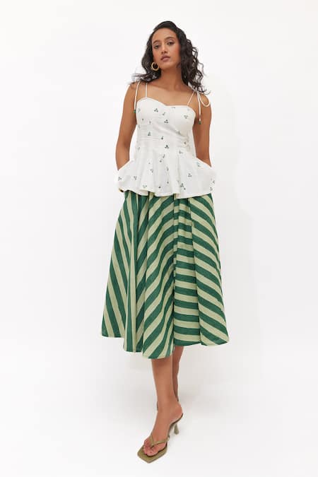 Shop_Aapro_White Cotton Sweetheart Neck Sylva Peplum Top And Striped Skirt Set _Online_at_Aza_Fashions