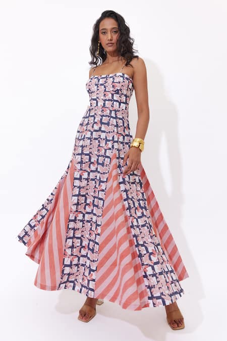 Aapro Cotton Open Neck Briony Fit And Flare Block Printed Dress 