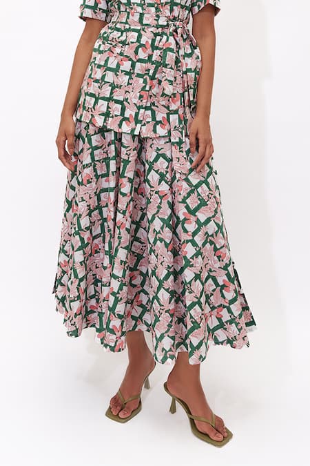 Buy_Aapro_Green Cotton Seraphina Multi Colour Hand Block Printed Blazer Skirt Set _Online_at_Aza_Fashions