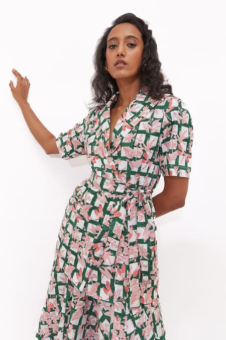 Shop_Aapro_Green Cotton Seraphina Multi Colour Hand Block Printed Blazer Skirt Set _Online_at_Aza_Fashions