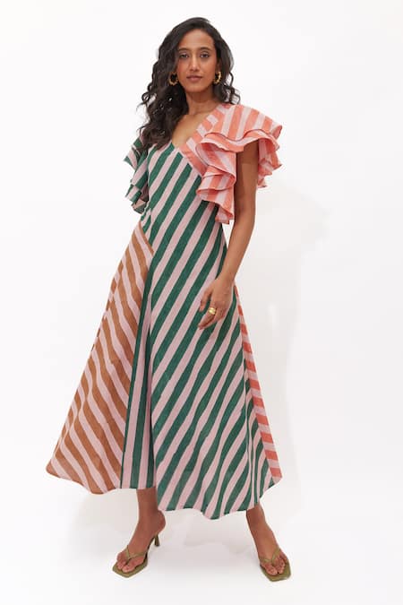 Buy_Aapro_Pink Cotton V-neck Zinnia Multi Colour Ruffled Sleeve A-line Dress _Online_at_Aza_Fashions