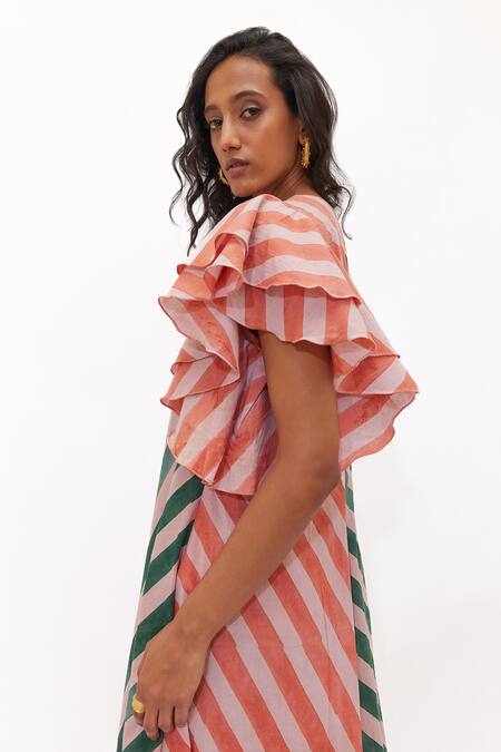 Shop_Aapro_Pink Cotton V-neck Zinnia Multi Colour Ruffled Sleeve A-line Dress _Online_at_Aza_Fashions