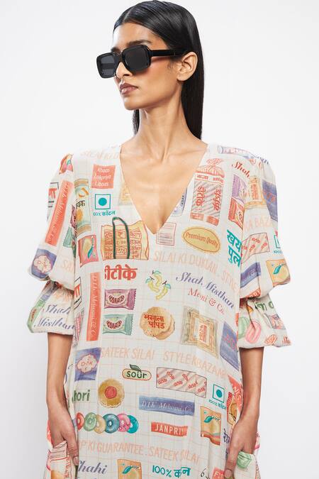 Doh Tak Keh_Multi Color V-neck Chatori Midi Dress_Online_at_Aza_Fashions