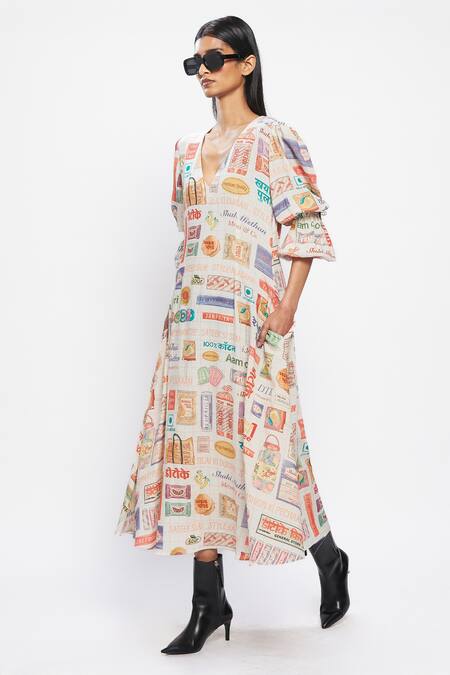Buy_Doh Tak Keh_Multi Color V-neck Chatori Midi Dress_Online_at_Aza_Fashions