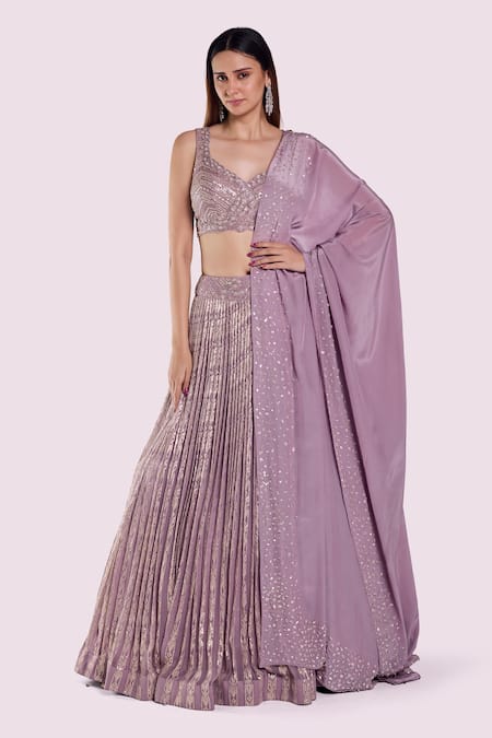 Onaya Purple Sequins, Cut Work V-neck Embellished Blouse And Lehenga Set 