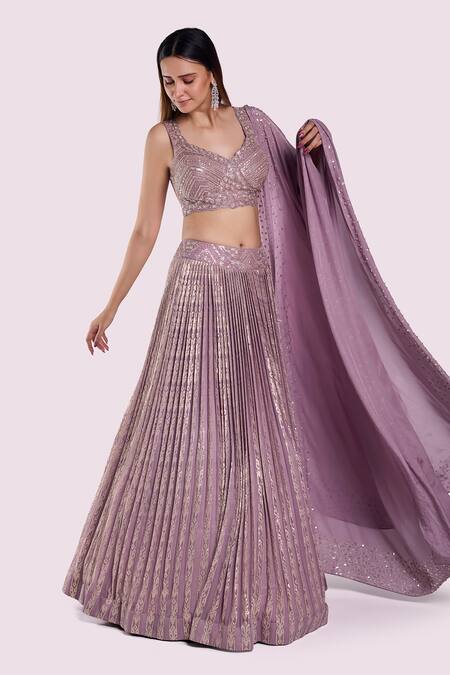 Buy_Onaya_Purple Sequins, Cut Work V-neck Embellished Blouse And Lehenga Set_Online_at_Aza_Fashions