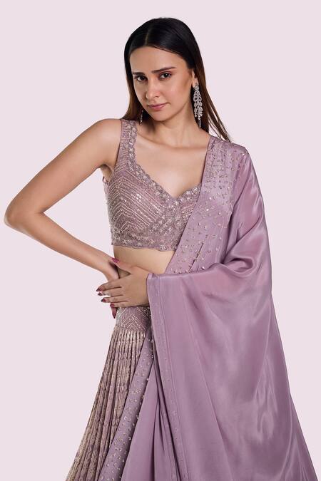 Shop_Onaya_Purple Sequins, Cut Work V-neck Embellished Blouse And Lehenga Set_Online_at_Aza_Fashions