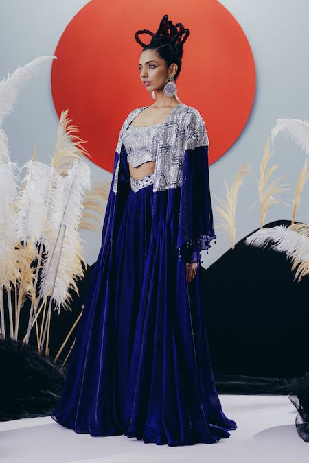 Krisha Sunny Ramani_Blue Tissue, Silk Sequins, Stones, Beads Round Neck Cape Set _Online_at_Aza_Fashions